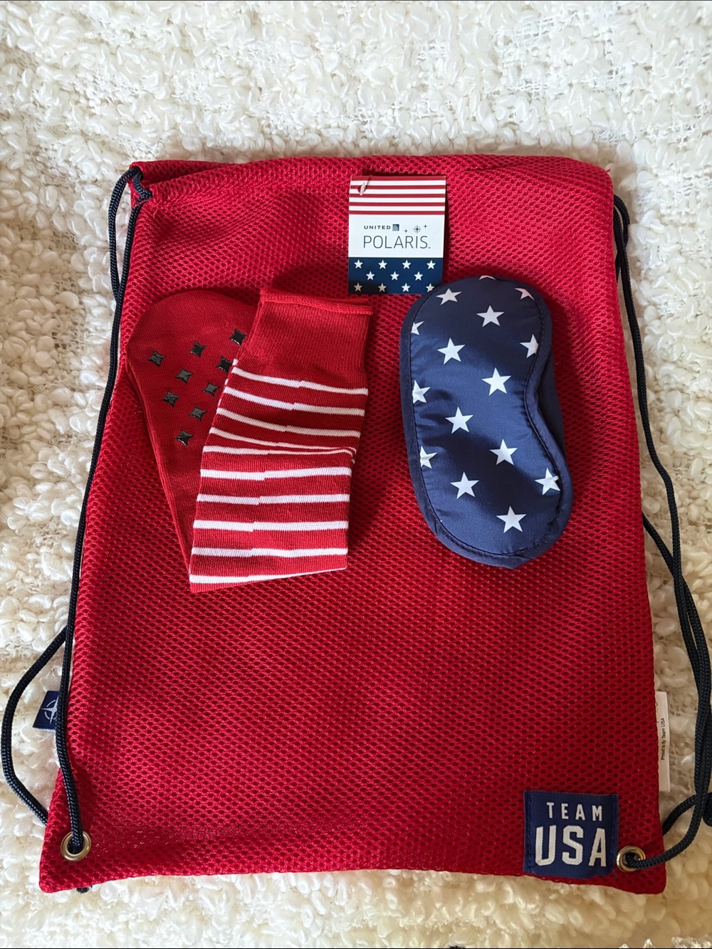 NWT Team USA Olympic Polaris United Airlines Backpack with eye mask and socks